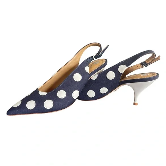 NEW TORY BURCH Navy Blue White Polka Dot Kitten Heel Sling Back Shoes Size 7